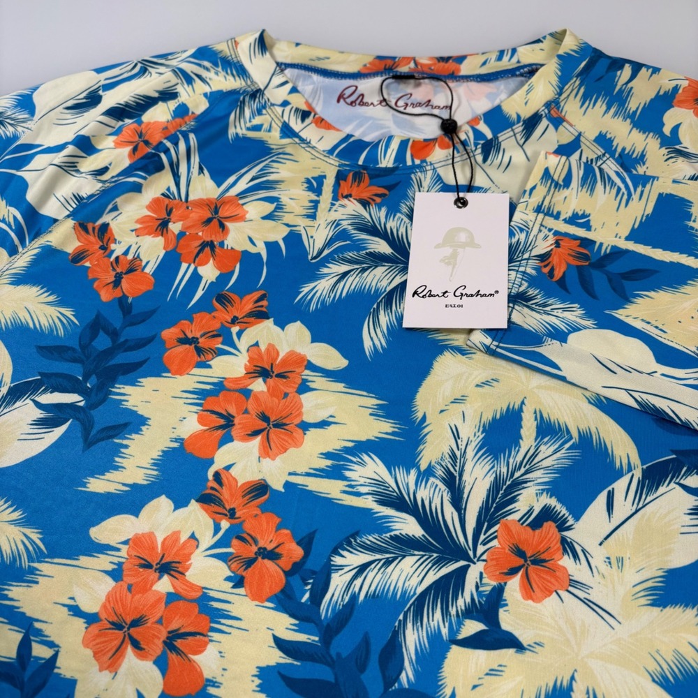 Robert Graham Mens XL Blue Rash Guard NEW Tropical Forest UPF 50+ Sun Shirt
